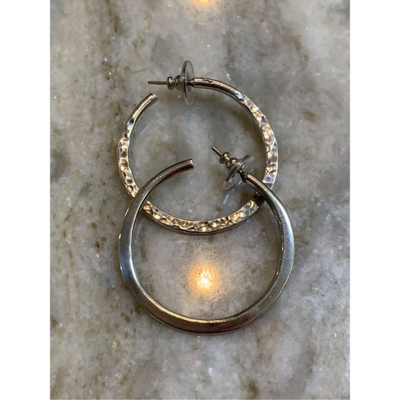 .925 Sterling Silver Hammered Hoop Earrings #classic - Picture 3 of 6